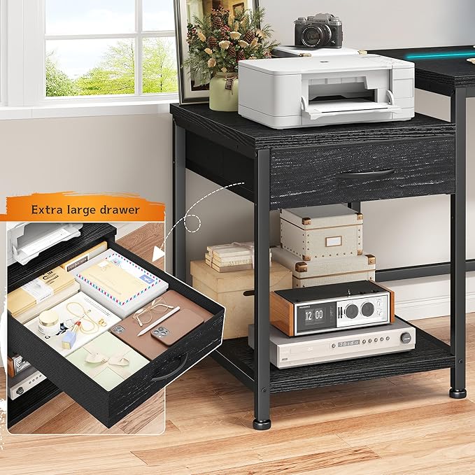 Gaming Desk with Printer Shelf & Storage Shelves,48.1 Inch Computer Desk with LED Lights & Power Outlet,Office Desk with Headphone Hook,Reversible Corner Desk for Bedroom,Black