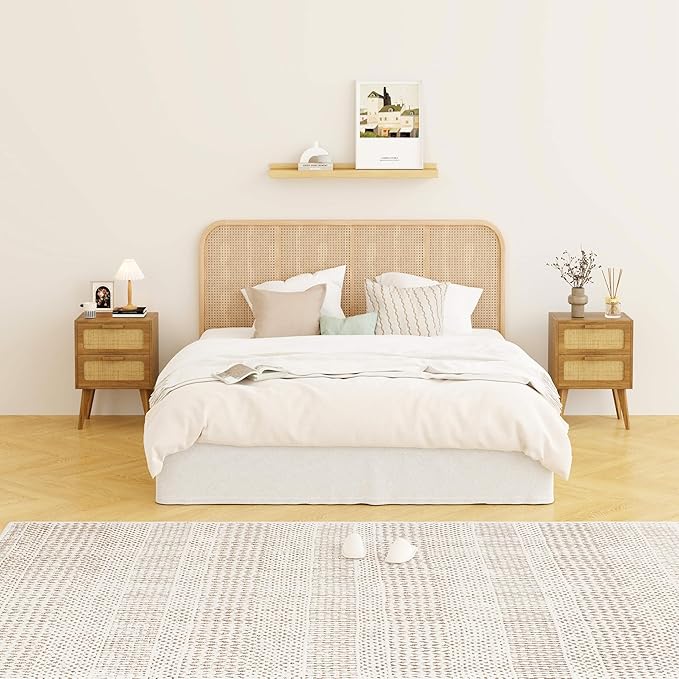 Rattan Nightstand,End Table, Side Table with 2 Hand Made Rattan Decorated Drawers,Boho Bedside Table,Wood Accent Table with Storage for Livingroom, Bedroom, Toffee Wood CTG59T