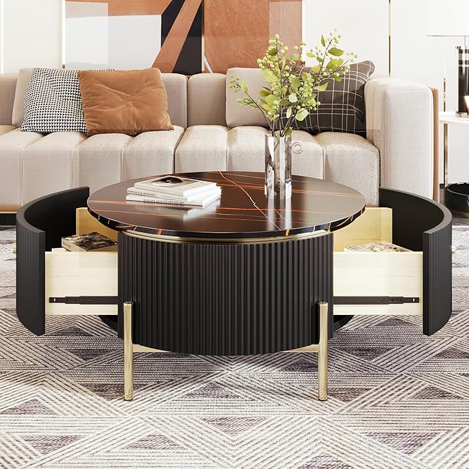 31.5" Round Coffee Table with Storage, Modern Round Coffee Table with 2 Drawers Storage Accent Table Round Black End Table for Living Room,Black