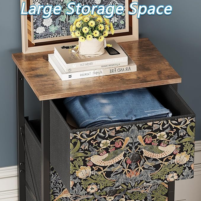 Dresser with 5 Fabric Drawers Strawberry Thief Drawer Dresser for Bedroom Vintage Nightstand Dressers & Chests of Drawer for Halfway Entryway Living Room Sturdy Steel Frame Wood Top, Brown