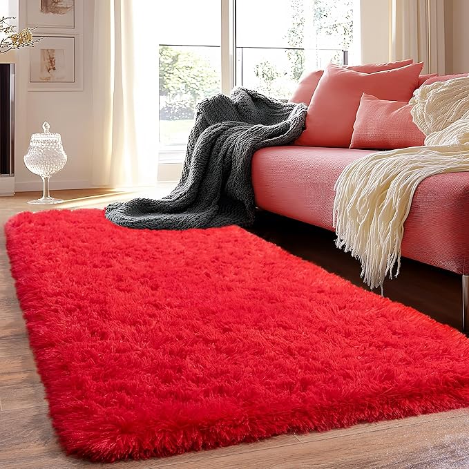 Runner Rugs for Bedroom 2x6 Rug Runners for Hallways Non Slip Soft Shag Bedside Rug, Fluffy Area Rug Throw Rugs for Living Room, Floor Carpet Runner for Nursery Kids Dorm, Red