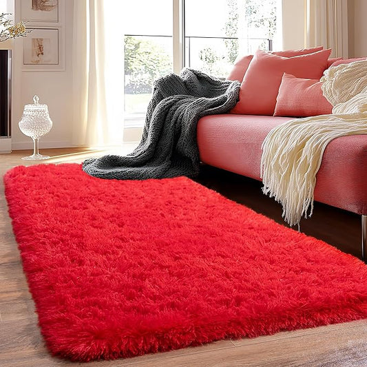 Runner Rugs for Bedroom 2x6 Rug Runners for Hallways Non Slip Soft Shag Bedside Rug, Fluffy Area Rug Throw Rugs for Living Room, Floor Carpet Runner for Nursery Kids Dorm, Red