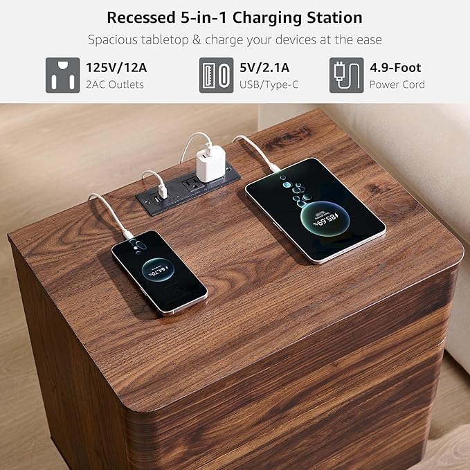JXQTLINGMU 22" Modern Nightstand Set of 2 with Charging Station, Large Push-to-Open End Table, Wood Bedside Table, Curved Profile, Handleless 3 Drawer Night Stand for Bedroom, Living Room, Brown