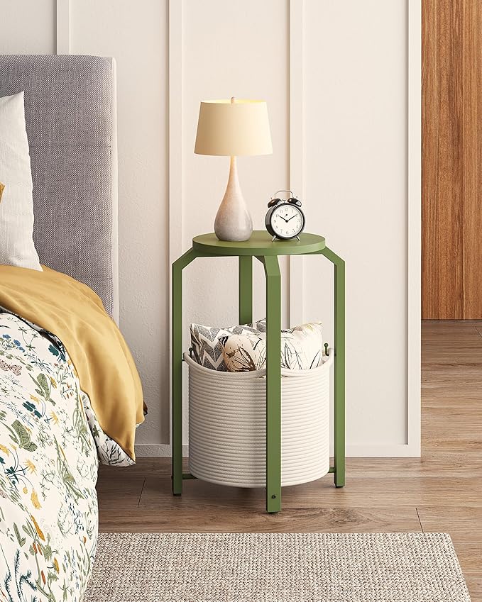 TUTOTAK Small Side Table, Round End Table, Night Stand, Bedside Table, Sofa Table with Storage Basket, Living Room, Bed Room, Olive Green TB01BOG092