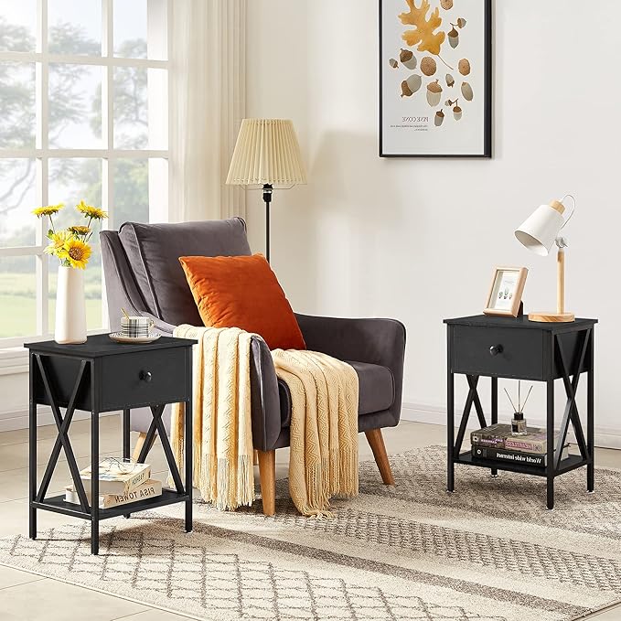 VECELO Nightstands, Modern End Side Tables,Night Stand with Drawer &Storage Shelf for Bedroom Living Room Office Lounge, 2, Black