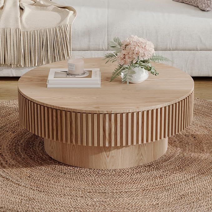 31.5'' Round Coffee Table for Living Room, Solid Wood Veneered Modern Nesting Coffee Tables with Storage, Circle Fluted Drum End Side Accent Tea Table for Apartment Office, Natural Wood
