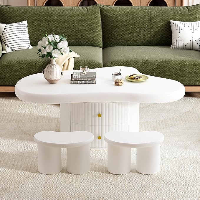 38.2" Cloud Coffee Table with Storage Drawers Irregular Coffee Table with Stools for Living Room Modern Cute Coffee Tables Low Small Center Table for Small Space Apartment Cream White
