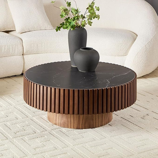 35.43" Round Coffee Table,Modern Handcraft Relief Drum Circle Wood Side End Accent Center for Living Room, Apartment, Walnut
