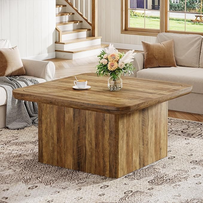 Tribesigns 31.5" Rustic Square Coffee Table, Farmhouse Wood Grain Living Room Center Table, Sturdy Cocktail Table with Thick Legs, Modern Vintage Accent Table, Easy Assembly, Brown