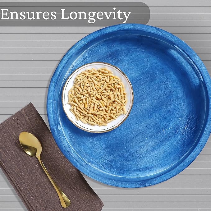 12" Decorative Wooden Serving Tray - Perfect for Breakfast, Lunch, Dinner, Appetizers, Patio, Ottoman, Coffee Table - Durable Living Room and Couch Tray (Blue) - CLEENTABLE