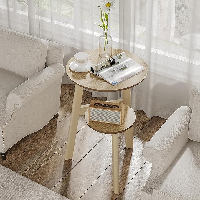 ChooChoo Round End Table Set of 2, Narrow Side Table for Small Spaces, Accent Table Night Stand with 2 Tier Shelf for Bedroom and Living Room, Natural