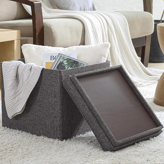 Ornavo Home Square Storage Ottoman Linen Foldable Tufted Cube Storage Ottoman Foot Rest Stool/Seat with Table Top Lid, Coffee Table Ottoman - 15" x 15" x 15" (Charcoal Gray)