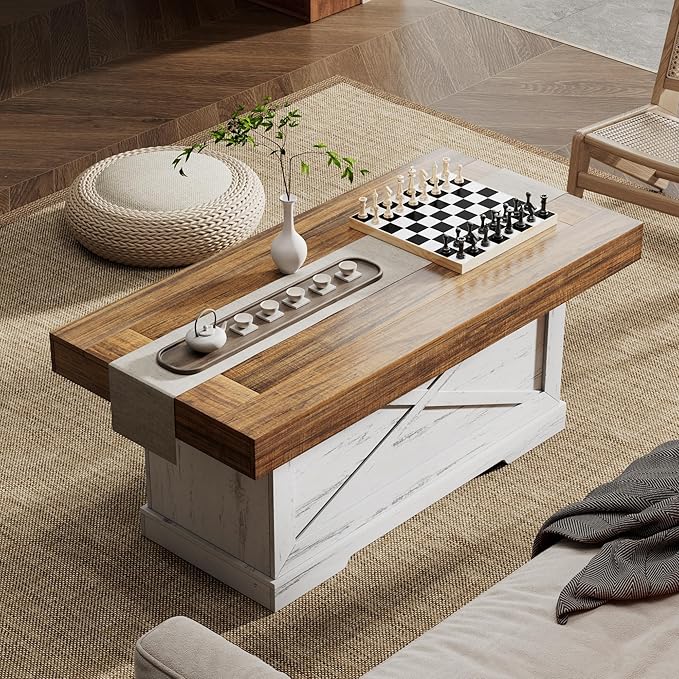 Coffee Table 39 in Farmhouse Center Table with X-Design Wooden Pedestal for Living Room, Space Saving, Rectangle Home Office Tea Accent Table for Apartment, Antique White Walnut