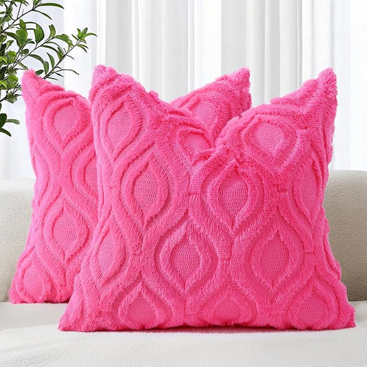 decorUhome Throw Pillow Covers 20x20 Inch Set of 2, Soft Plush Faux Wool Hot Pink Solid Couch Pillow Covers, Accent Farmhouse Neutral Square Pillow Cases for Sofa Bed Living Room