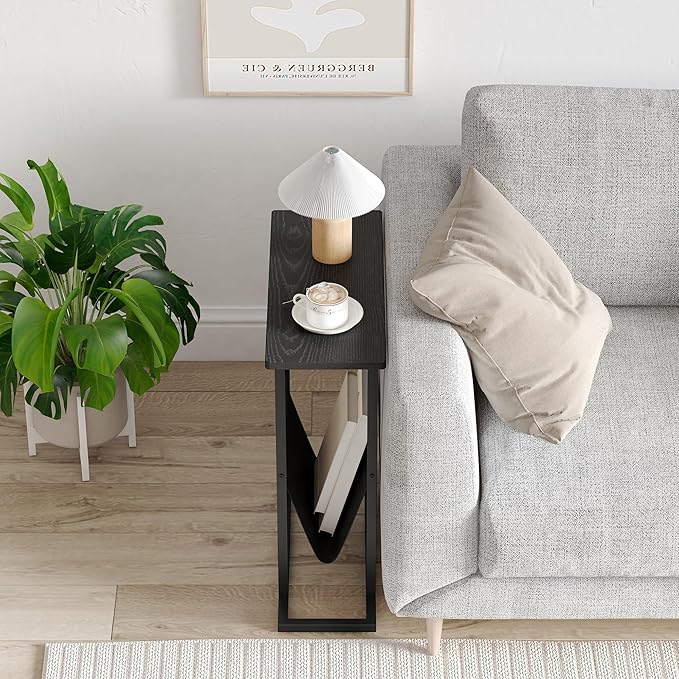 Yusong Narrow Side Table for Small Spaces, Small End Table with Magazine Holder, Skinny Slim Little Thin Table for Living Room, Bedroom, Sofa, Black Oak