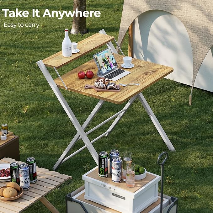 GreenForest No Assembly Folding Desk, 2-Tier Compact Computer Desk with Shelf, 30 inch Space Saving Foldable Table for Home Office, Dorm or Apartment, Portable Collapsible Sturdy Laptop Desk, Oak