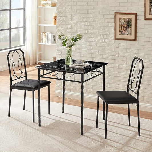 VECELO 3 Piece Dining Table Set for 2, Dinette with Chairs for Kitchen, Breakfast Nook, Small Space,Easy Assembly