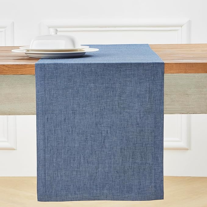 Solino Home Linen Table Runner 48 Inches - 100% Pure Linen Blue Denim Table Runner 14 x 48 Inch Ideal for Dresser and Coffee Tables - Athena