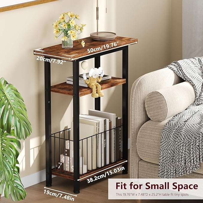Heybly Small Narrow Side Table for Small Space, Thin Bedside Table with Storage Basket, Skinny End Table, 25.2" Tall Nightstand, Couch Table for Living Room, Bedroom, Study, Rustic Brown, HET004SR1