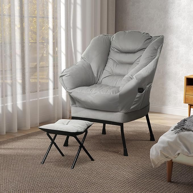 HOMCOM Modern Lazy Chair with Ottoman, Fabric Lounge Accent Chair, Leisure Sofa Armchair with Armrests, Side Pockets, Upholstered Reading Chair and Footstool Set for Living Room, Bedroom, Light Gray