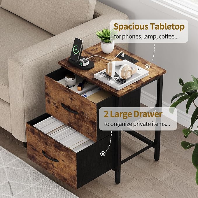 Vagusicc Nightstand Set of 2 with Charging Station, End Table Bedside Table with Power Outlet & USB Ports, Side Table with 2 Fabric Drawers for Bedroom, Living Room, Rustic Brown