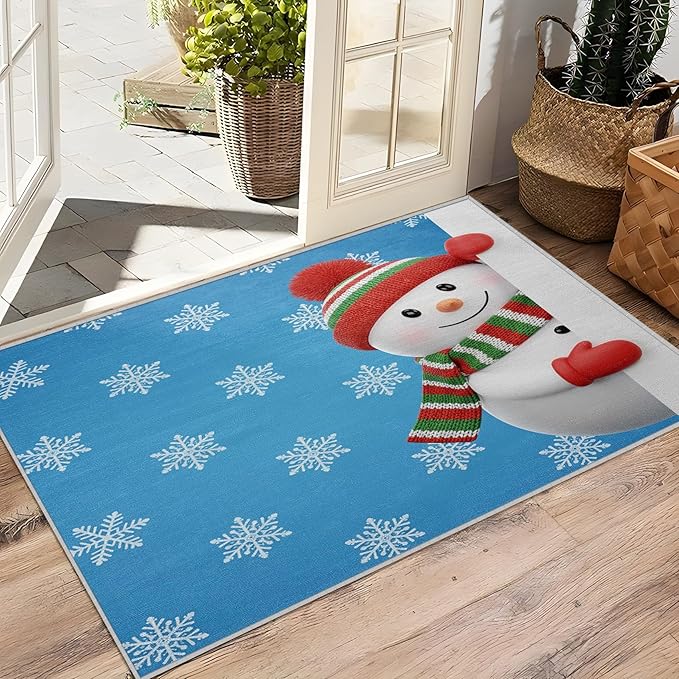 Snowman Rug Blue - 3x4 Rug, Christmas Snowflake Door Mat Indoor Entrance, Snowman Entryway Throw Rugs, Kids Cartoon Xmas Carpet, Holiday Home Decor & Gifts