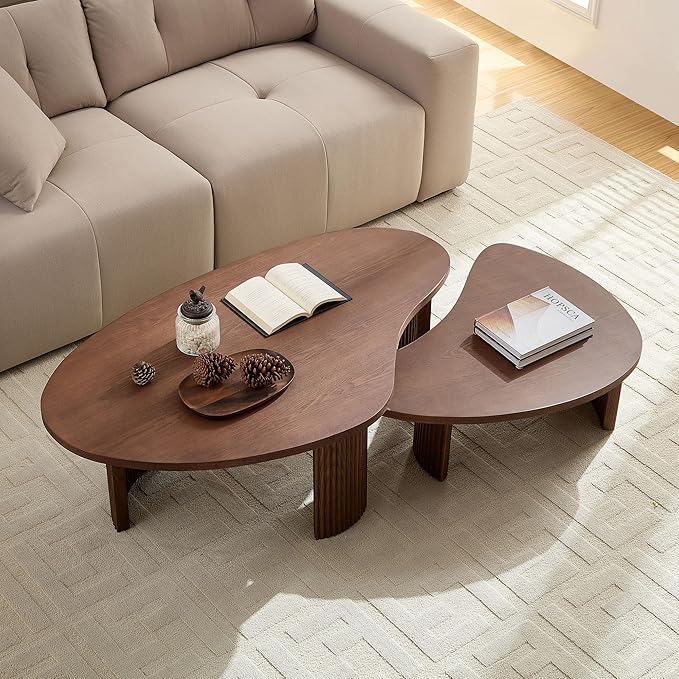 Modern Nesting Coffee Table Set of 2 for Living Room,Irregular Shape End Side Tables for Office,Easy Assembly,Walnut
