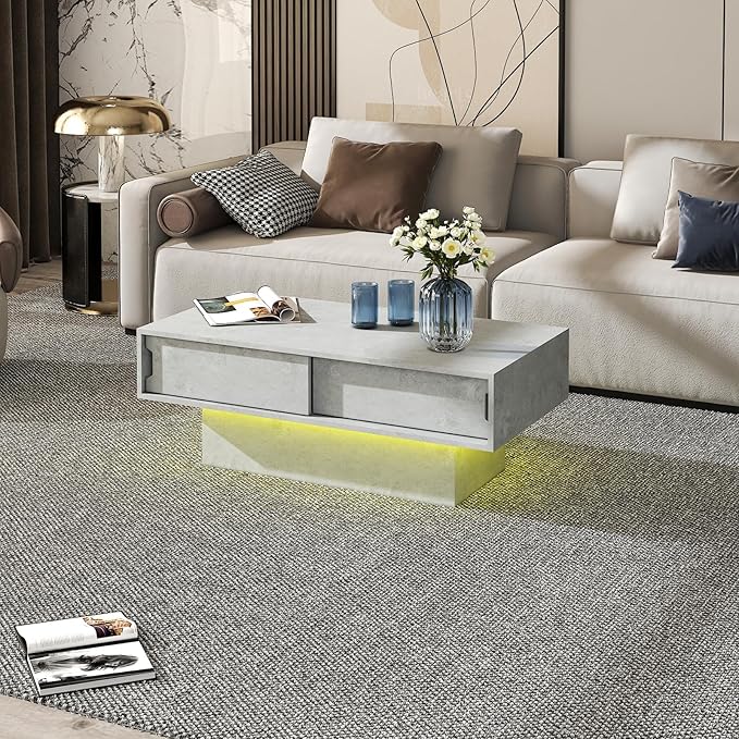 LED Coffee Table with Storage, Rectangular Center Table for Living Room, Modern High Glossy Farmhouse Grey Coffee Table with 16 Colors LED Lights, Wooden Living Room Table