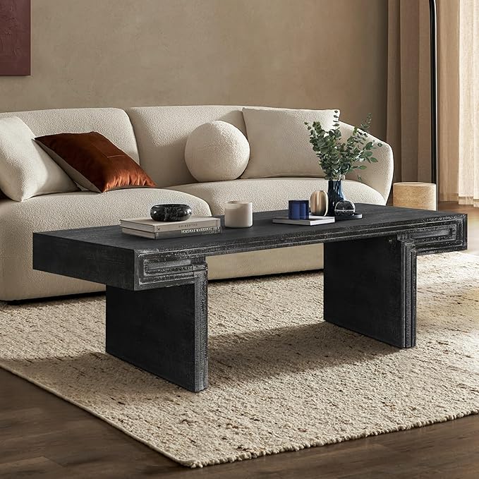 Coffee Table, 48" x 18" Rectangular Rustic Side Table Solid Wood Center Table Versatile Accent End Tea Table for Living Room Apartment, Black