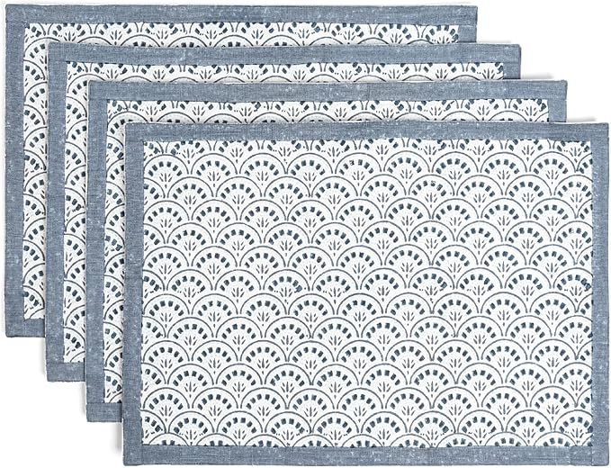 over&back Set of 4 Hand-Blocked Placemats - Colorful Dining Table Mat - Each Placemat is Unique - 100% Cotton - Machine Washable - Kitchen and Home Decor - Blue Arch