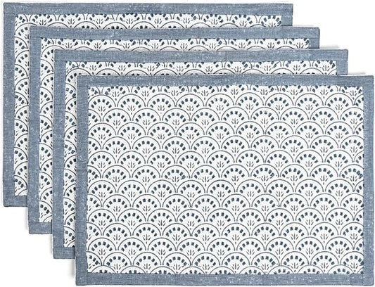 over&back Set of 4 Hand-Blocked Placemats - Colorful Dining Table Mat - Each Placemat is Unique - 100% Cotton - Machine Washable - Kitchen and Home Decor - Blue Arch