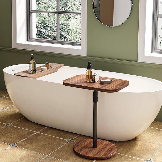 Adjustable End Table, Small Tray Side Table, Drink Table for Small Spaces, Pedestal Nightstand for Living Room, Bedroom, Sofa Couch, Rustic Brown ET-009BR