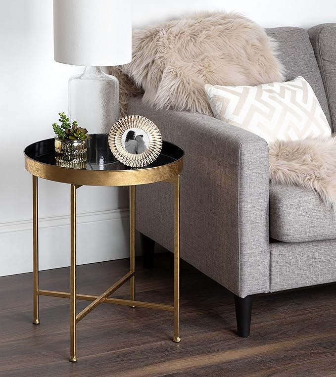 Kate and Laurel Celia Metal Foldable Round Accent Table, 18.25" x 18.25" x 22", Black Surface and Gold Frame, Modern Minimalist Design and Detachable Magnetic Tabletop