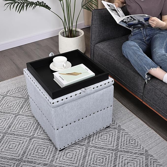 Adeco 18" Light Blue Square Storage Ottoman with Tray, Modern Cube Ottoman Coffee Table for Dorm, Upholstered Cube Footstools Coffee Table for Living Room