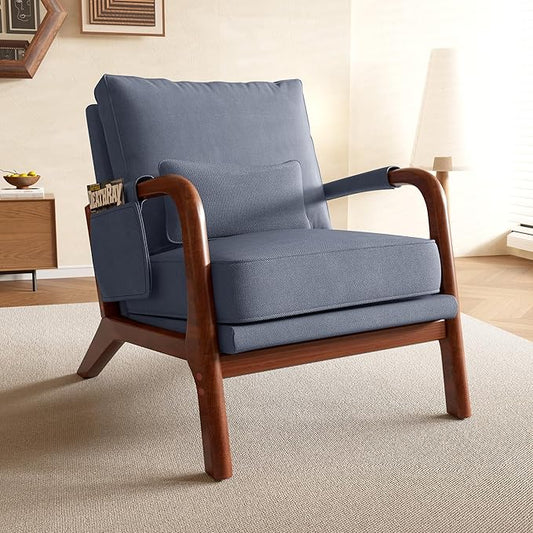 Mid Century Modern Chair, Upholstered Lounge Arm Chair with Solid Wood Frame, Comfy Accent Chair for Living Room, Bedroom, Reading, Reception, Grayish Blue