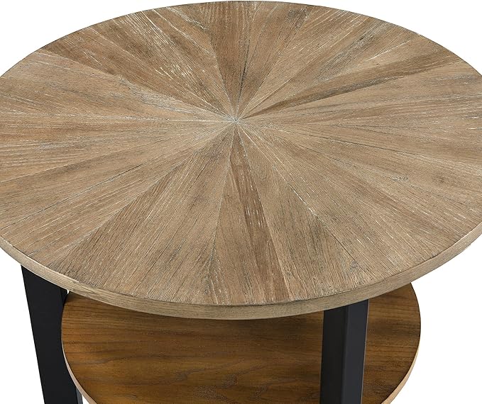 MODERION Round Large End Table with 2 tire Storage Shelf, 25.2” Solid Wood Sofa Side Table with Black Metal Frame, Beside Table for Living Room,Small Space Rustic Natural CJZ1338