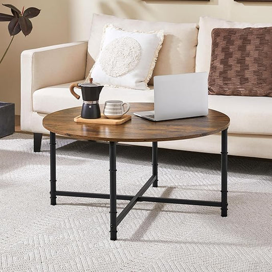 Yaheetech Round Coffee Table, Small Coffee Table for Living Room, Rustic Wood Circle Modern Center Table with Sturdy Metal Legs, Easy to Assemble, 35.5 x 18 Inches