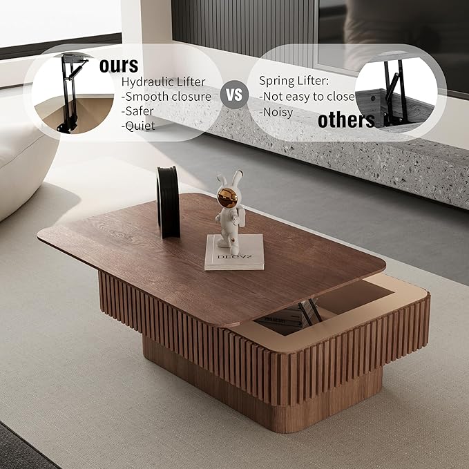 38.6'' Lift Top Fluted Coffee Table with Hidden Compartment, Modern Rectangular Wooden Center Table Cocktail Tea Table with Storage and Adjustable Height for Living Room Apartment, Walnut