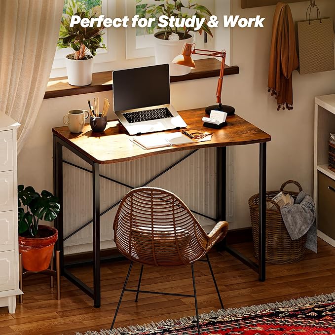 Huuger Folding Desk for Small Spaces, 31.5 Inch Foldable Computer Table, for Home Office, Study, Bedroom, Dorm, Space Saving, Small Writing Work Office Computer Desk, Easy to Fold, Rustic Brown