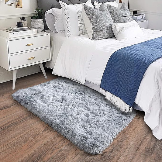 Small Area Rug, 2x3 Rug for Bedroom Shaggy Throw Rugs for Dorm Rug, Soft Tie Dyed Carpet for Kids Room, Plush Non-Slip Fluffy Bedside Rug for Home Decor Aesthetic, Light Grey