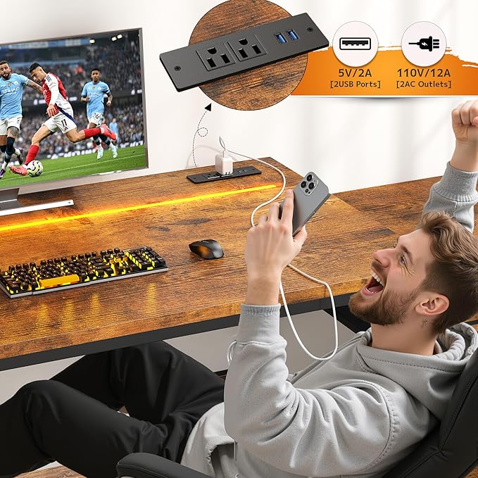 48.1 Small Computer Home Office Desks for Bedroom with Drawer & Printer Shelf,Gaming Desk with LED Lights,Power Outlet & Hook,Reversible Corner Study Desk for Small Space,Carbon