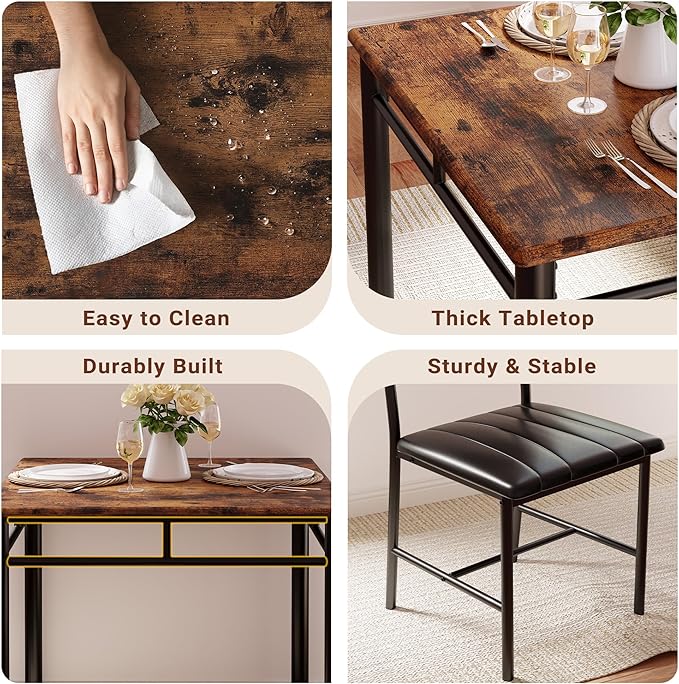 IRONCK Dining Table Set for 2, Small Kitchen Table with Upholstered Chairs Dinning Table Set for Kitchen & Dining Room, Compact Dining Set for Small Spaces, Rustic Brown