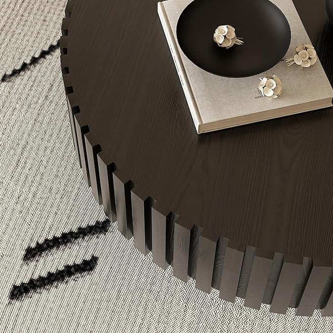 31.5" Round Drum Coffee Table, Modern Handcraft Fluted Drum Center Table, Wooden Round Coffee Table Center Table with Sturdy Pedestal for Living Room Apartment (Black)