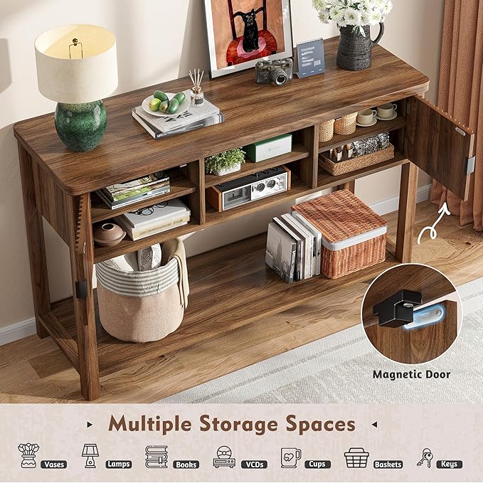 Fluted Console Table with 2 Door Cabinets, Modern Entryway Table with 3 Open Storage Shelves, Narrow Behind Couch Sofa Table for Living Room, Hallway, Foyer, 45.7" W×13.8" D×33.5" H, Walnut Brown