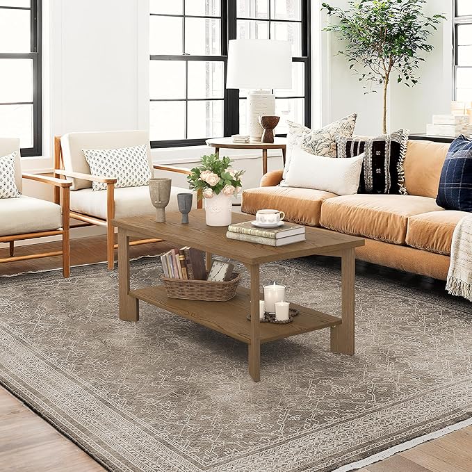 Rectangle Coffee Table, 39" Rectangle Rustic Modern Tea Table, Sofa Table with 2-Tier Storage Shelf for Living Room,Dark Wood