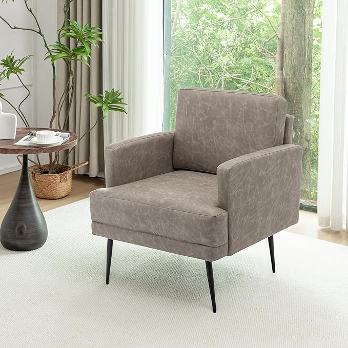 MINCETA Accent Chair,Modern Upholstered Armchair with Back and Arms,Reading Accent Chairs for Living Room,Set of 2,PU Leather in Greige