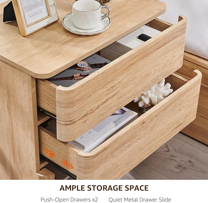 ACCOHOHO Nightstand Set of 2 with Charging Station, 22" Large Modern Bedside Table with 2 Drawers Storage,Push-to-Open End Table for Bedroom,Living Room,Natural Oak