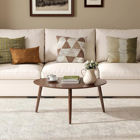 Small Oval Coffee Table, 33.5" Mid Century Modern Coffee Table for Living Room, 100% Solid Oak Wood Side Table, Minimalist Display Center Table (Walnut Color, 33.46''Wx22.83''Dx15.74''H)