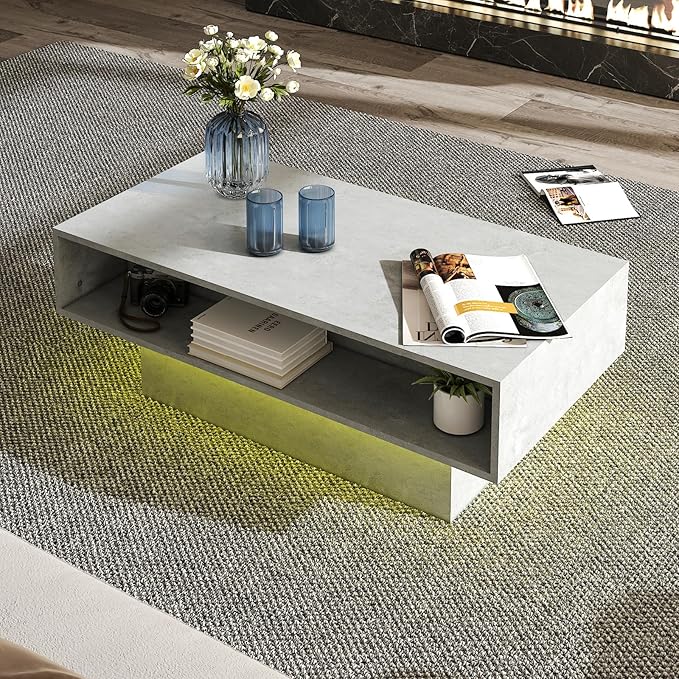 LED Coffee Table with Storage, Rectangular Center Table for Living Room, Modern High Glossy Farmhouse Grey Coffee Table with 16 Colors LED Lights, Wooden Living Room Table