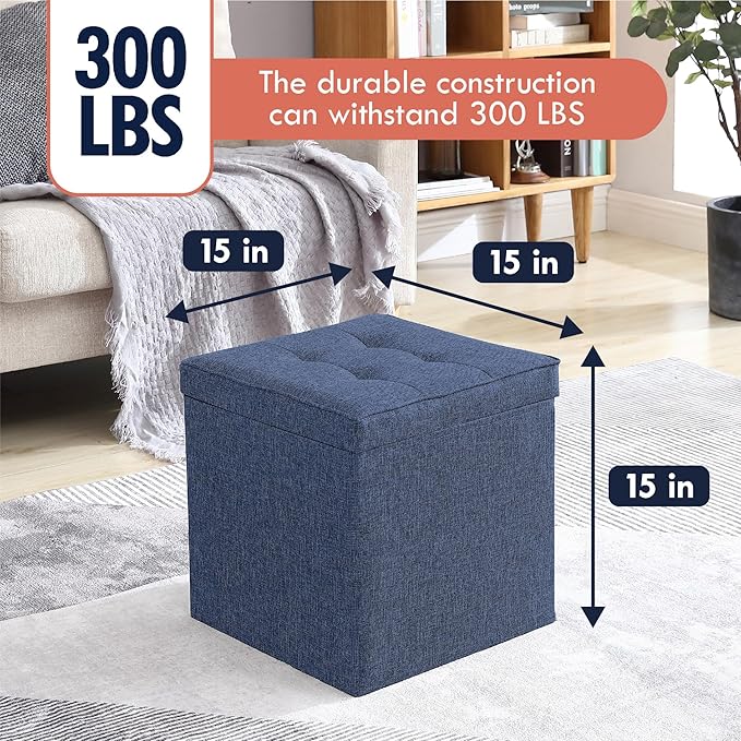 Ornavo Home Square Storage Ottoman Linen Foldable Tufted Cube Storage Ottoman Foot Rest Stool/Seat with Table Top Lid, Coffee Table Ottoman - 15" x 15" x 15" (Navy Blue)